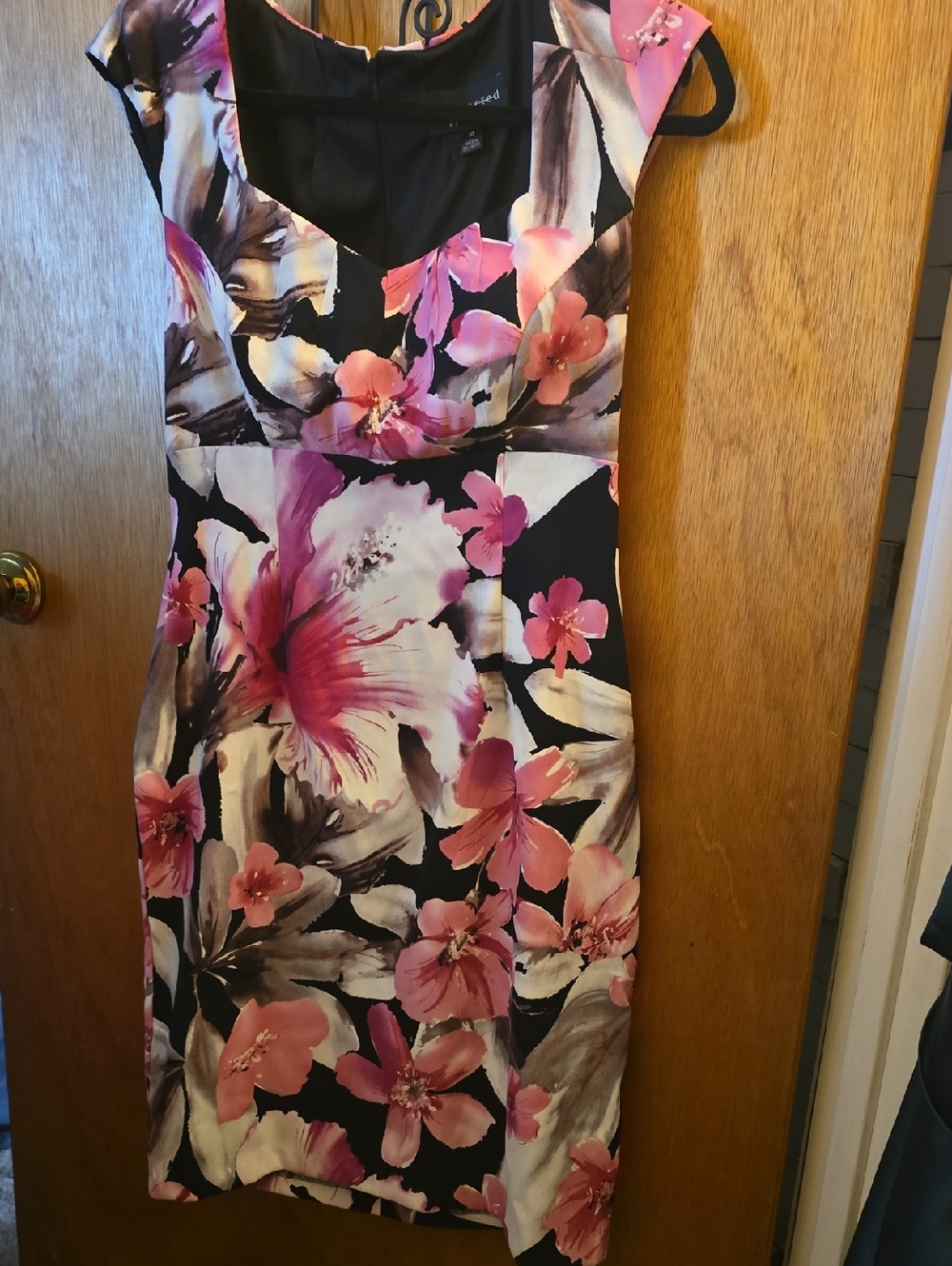 connected apparel Black Midi Sheath Dress with Pink Floral Print